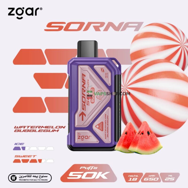 ZGAR Sorna Boost 50000 Puffs 18mg Disposable Vape in Dubai - watermelon bubblegum